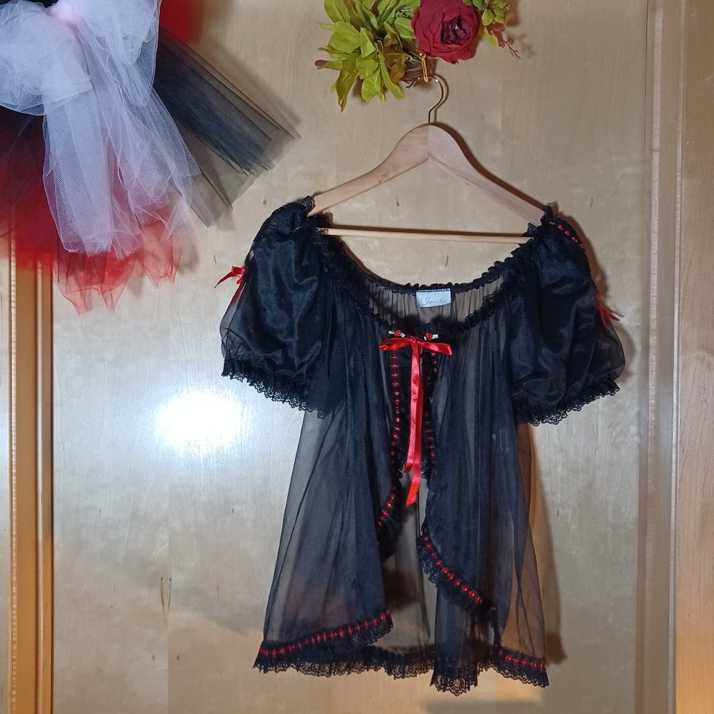 INNER MOST VINTAGE Black Red Ribbon Trim Cap Sleeves Babydoll Robe_Size Medium